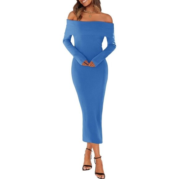 Women Off Shoulder Bodycon Sweater Dress Long Sleeve Party Midi Dress Lake Blue - Picture 2 of 9